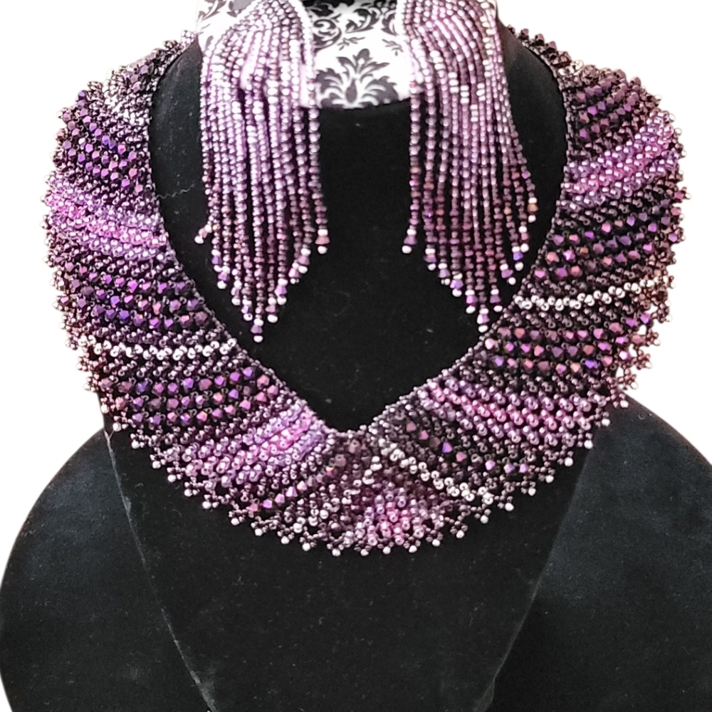 Artisan Handmade Swarovski Purple Crystal W Silver Beaded Necklace Set
